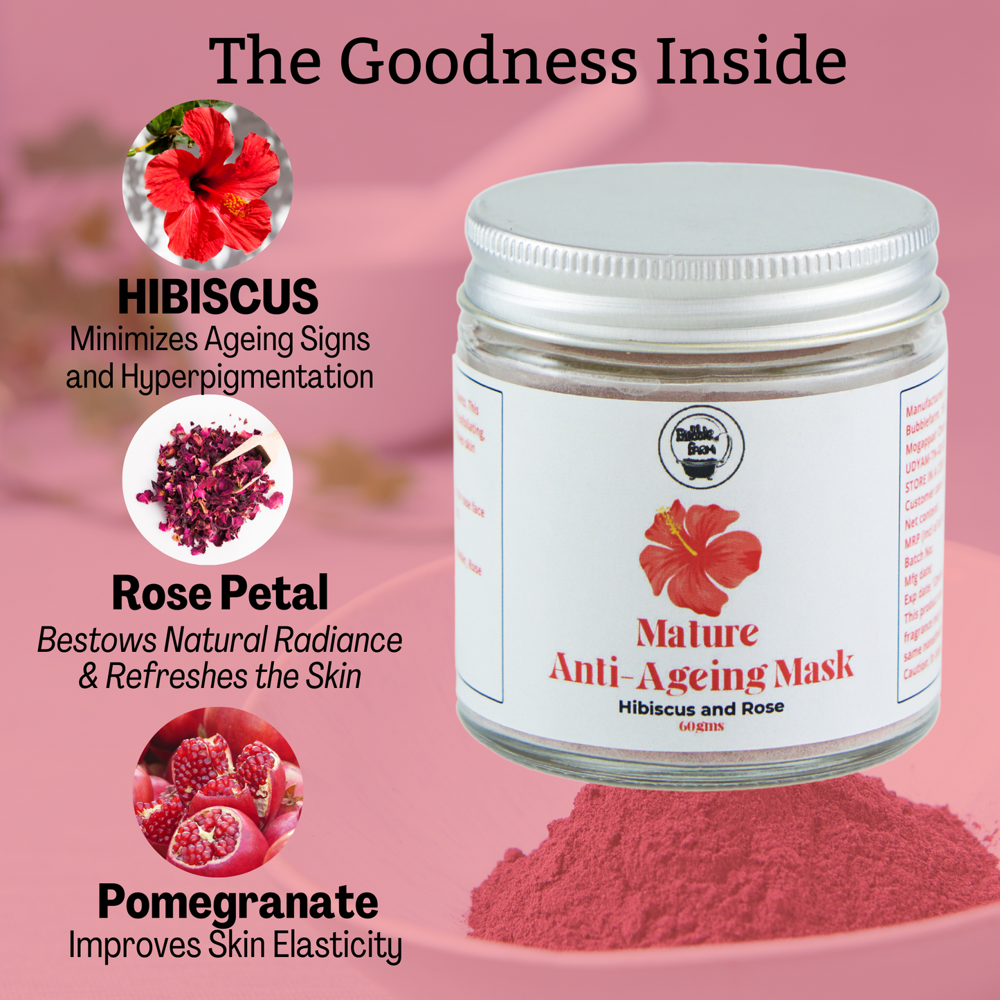 Mature - Anti-ageing Face Mask - Hibiscus, Rose and Pomegranate Powder.