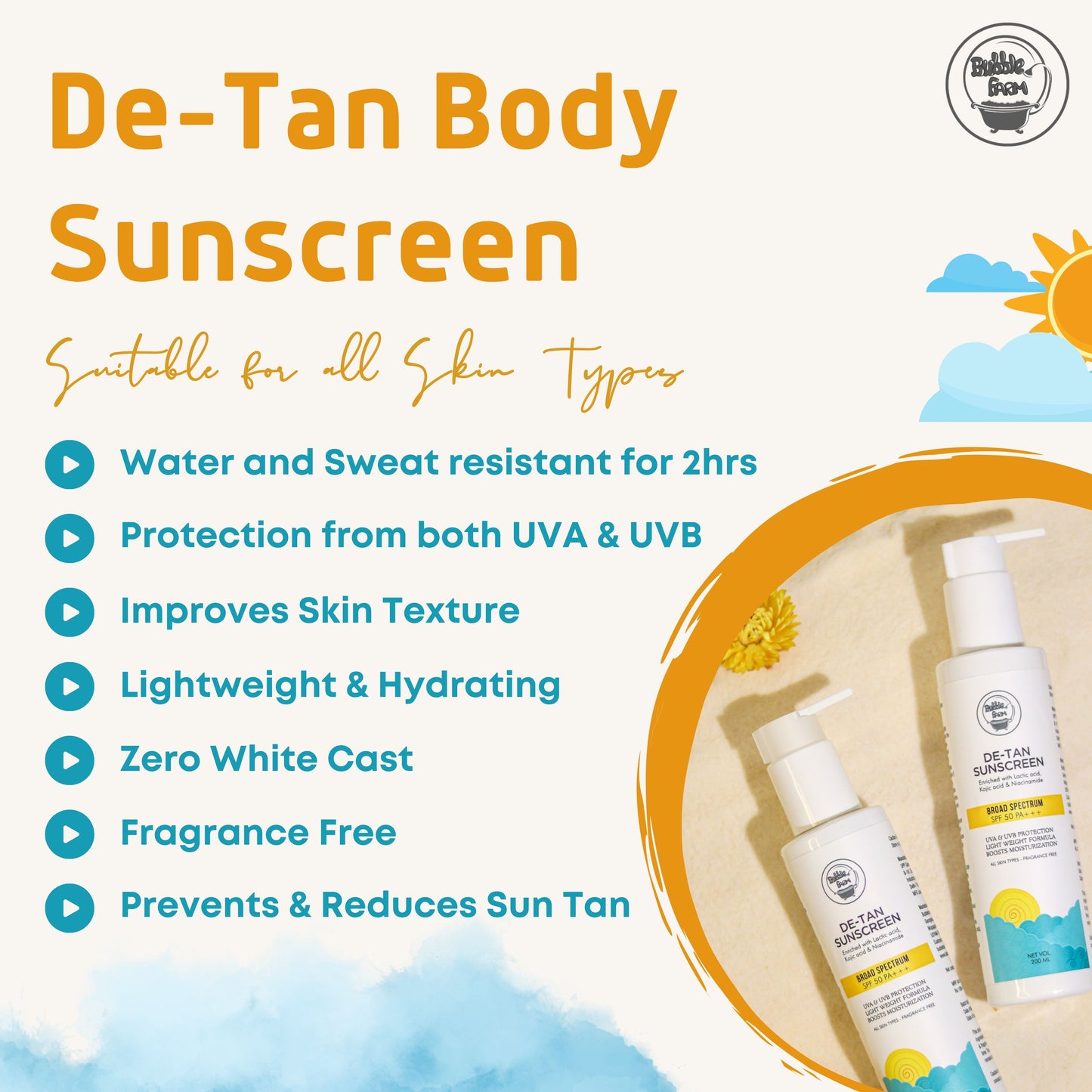 De-Tan Body Sunscreen 200ml - Lactic acid, Alpha Arbutin & Kojic Acid